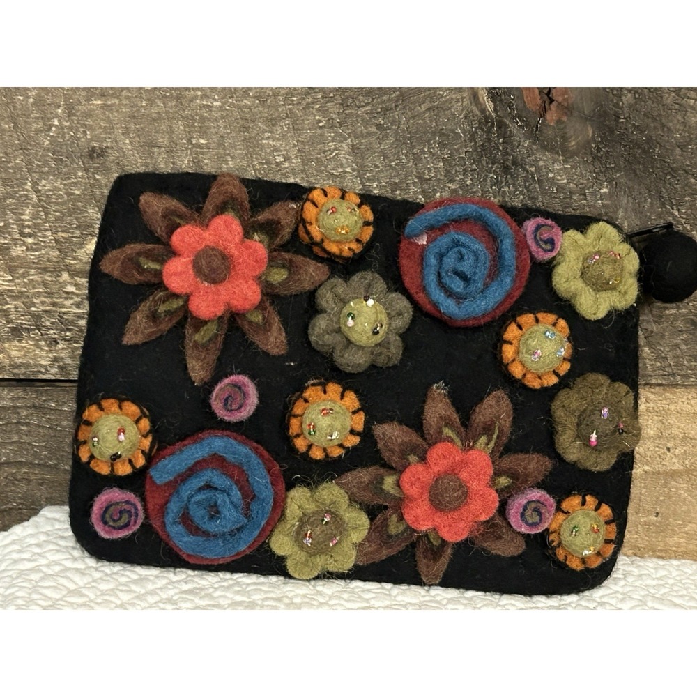 Rising Tide Made in Nepal 100% Wool Felted Floral Boho Clutch Bag Purse